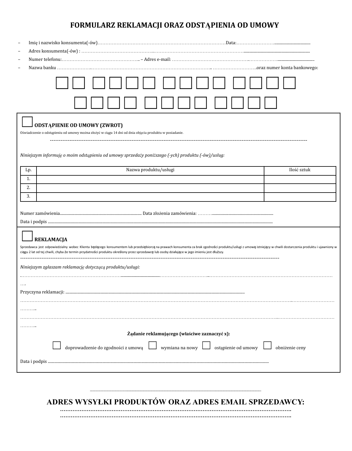 Formularz Reklamacji oraz Odstąpienia od Umowy